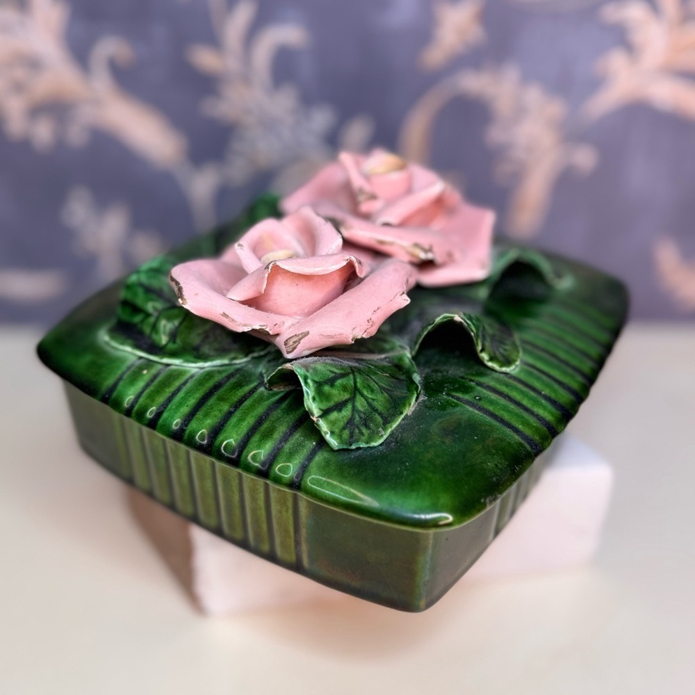 Vintage Valley Vista 153 California USA Pottery Rose Square Trinket Box with Lid